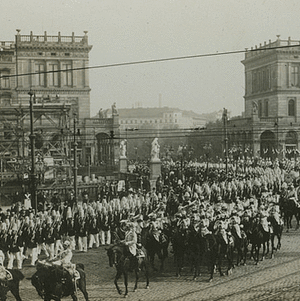 3D image of troops riding horseback.