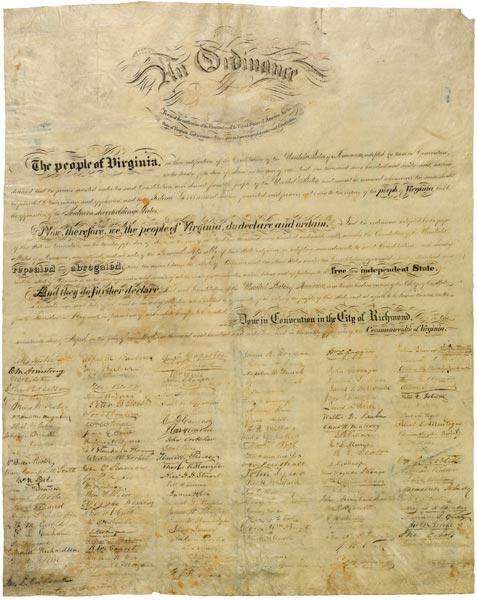  signed an elegant parchment of the Ordinance of Secession that Richmond 