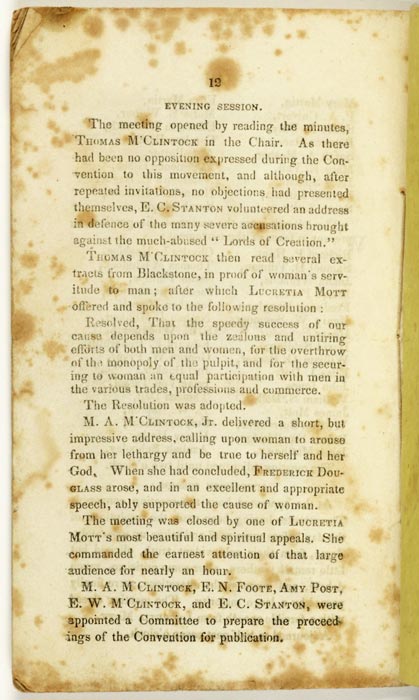 This report of the proceedings at the 1848 Seneca Falls Convention includes 