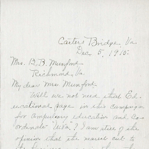 Image citation: S.B. Ashby, Carter's Bridge, Va., to Mary-Cooke Branch Munford, 5 December 1915. Box 01, Folder 01, Item 14. Mary-Cooke Branch Munford Papers. icon