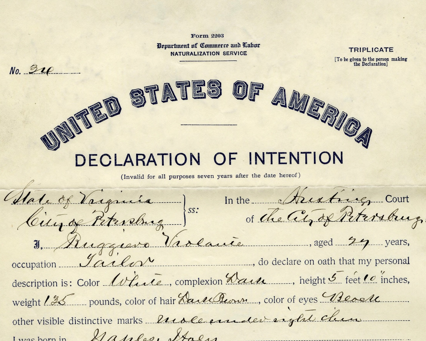 Violante, Ruggiero: Naturalization Record, 1913-10-27. Petersburg City (Va.) Naturalization Records, 1810-1936. icon