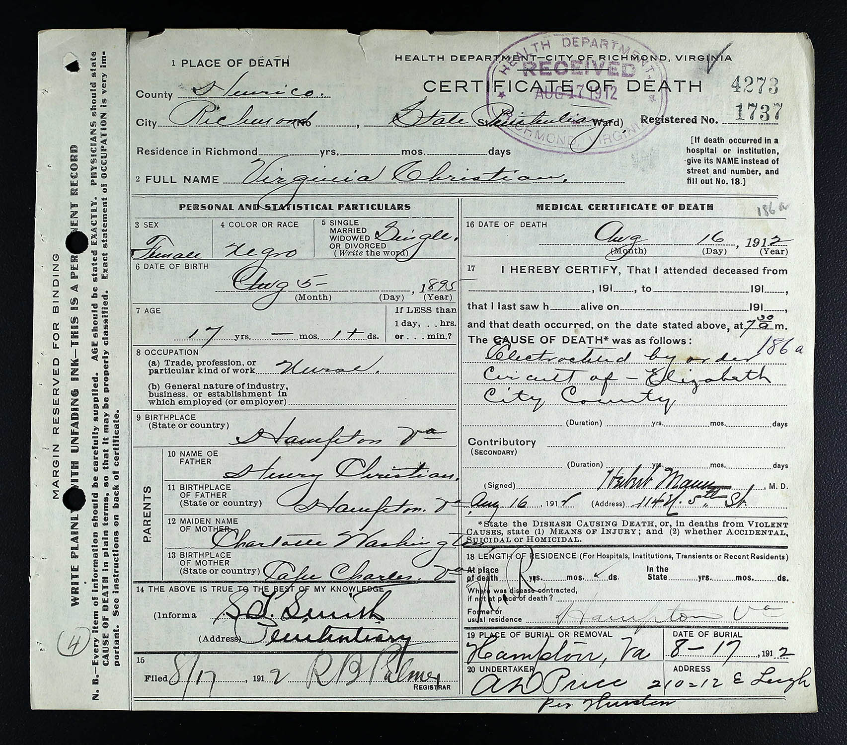 Death Certificate of Virginia Christian (died August 16, 1912) · Online ...